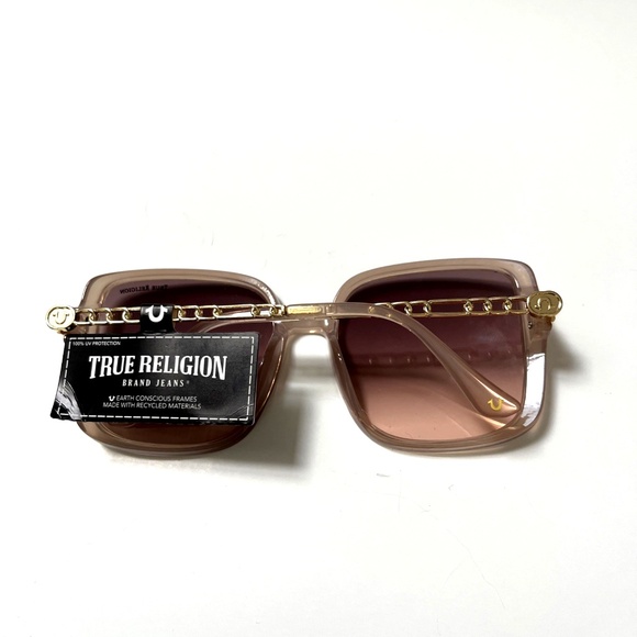 New Original TRUE RELIGION Oversized Square Sunglasses Clear Beige Acetate Gold main image 4